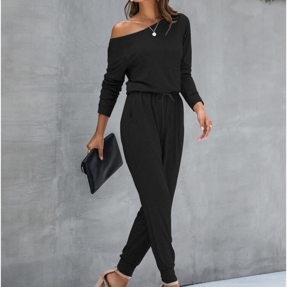 Classic Elegant Asymmetrical Neck Long Sleeve Knot Tie Waist Tee Jumpsuit - Picture 5 of 11